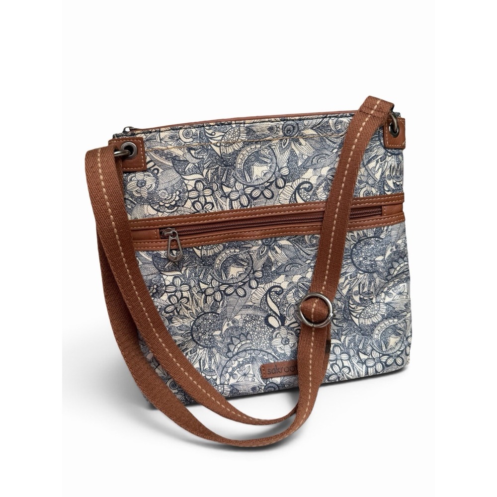 Sakroots Artist Circle Crossbody Bag Blue Tan Multi Zip Shoulder Bag